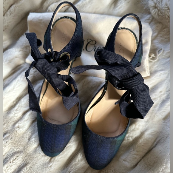 J CREW | Avery Black Watch Tartan Plaid Ankle-Tie Glitter Heels - Picture 8 of 14
